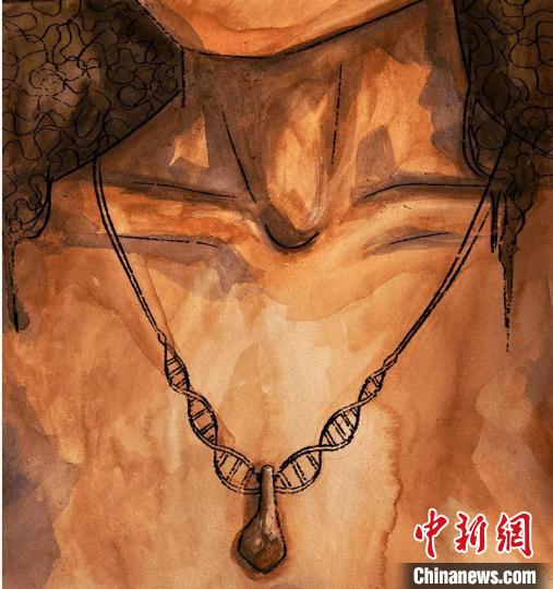 墜飾藝術再現(xiàn)圖，圖中吊墜繩為DNA螺旋樣式(圖片作者Myrthe Lucas)?！∈┢樟指瘛ぷ匀?供圖
