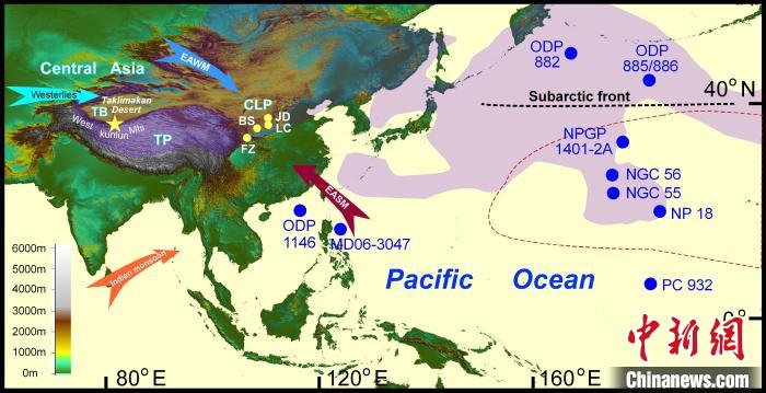 塔里木沙塵傳輸至北太平洋的路徑(陰影區(qū))及西昆侖山黃土巖芯位置(五角星)?！≈锌圃呵嗖馗咴?供圖