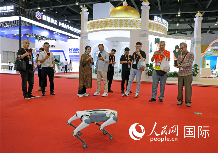 東博會上，觀眾正在參觀一只機器狗。綠色能源、新能源汽車、綠色農(nóng)產(chǎn)品等成為本屆東博會觀眾關(guān)注的焦點。人民網(wǎng)記者 趙益普攝