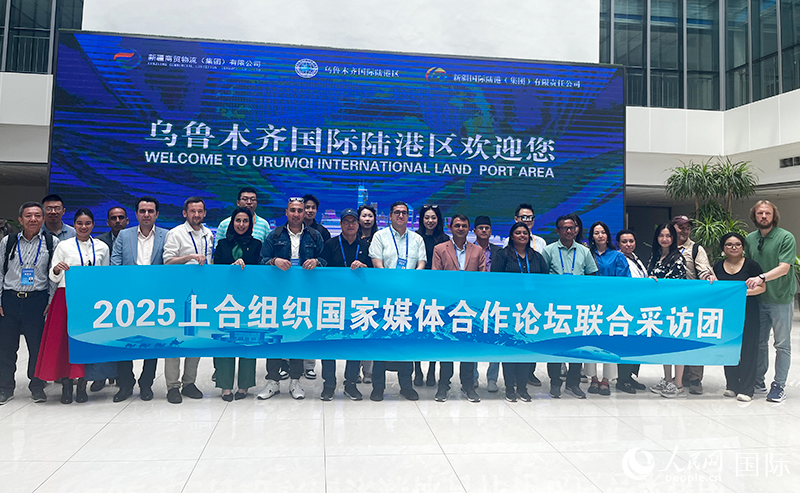 5月26日，外國媒體人在烏魯木齊國際陸港區(qū)合影留念。 人民網(wǎng)記者 翟轉(zhuǎn)麗攝