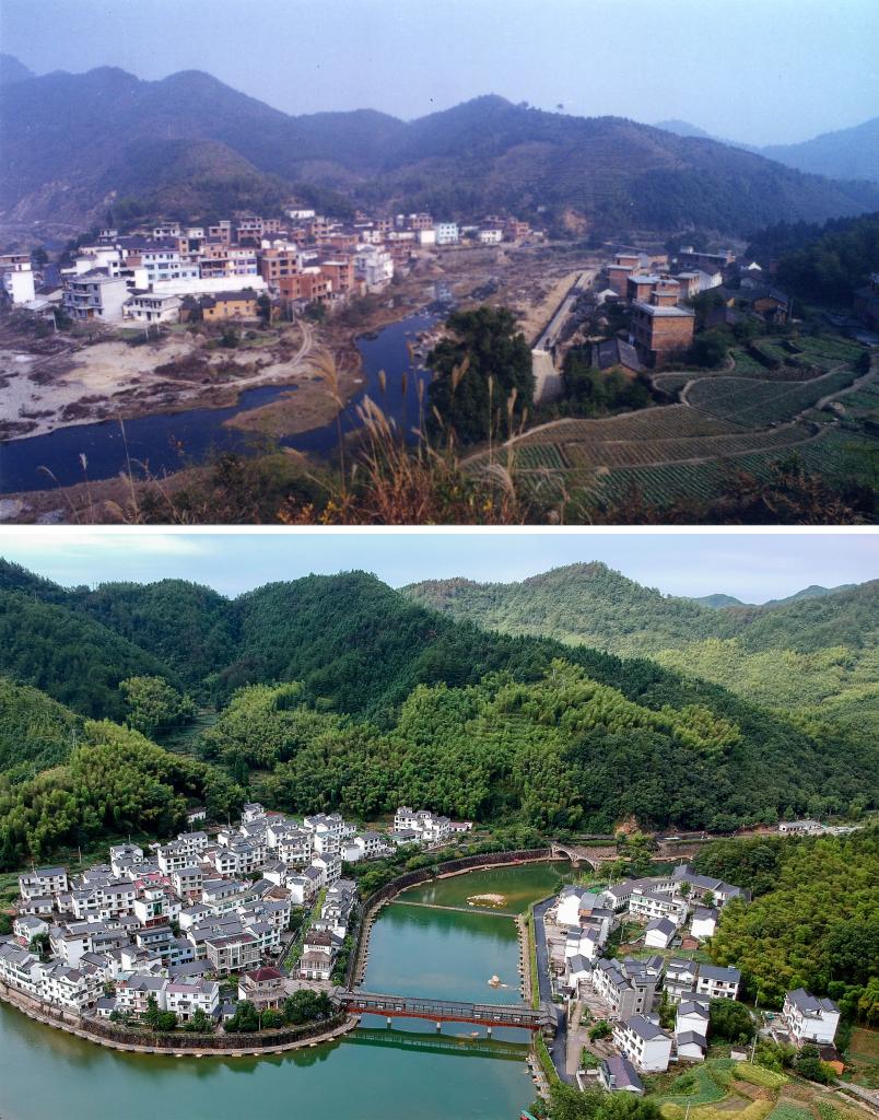 圖為浙江省杭州市淳安縣楓樹嶺鎮(zhèn)下姜村拼版圖，其中上圖為資料照片、下圖由新華社記者張鋮攝。