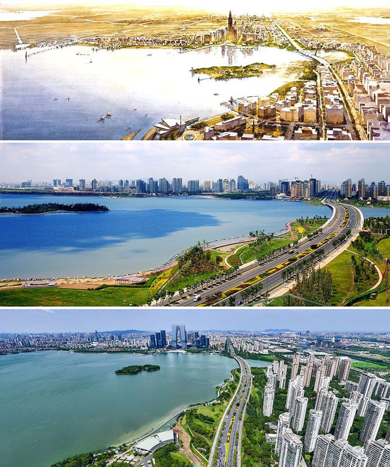 拼版照片：上圖為1994年繪制的蘇州工業(yè)園區(qū)手繪規(guī)劃圖；中圖為2007年拍攝的蘇州工業(yè)園區(qū)；下圖為2023年7月4日用無人機(jī)拍攝的蘇州工業(yè)園區(qū)。