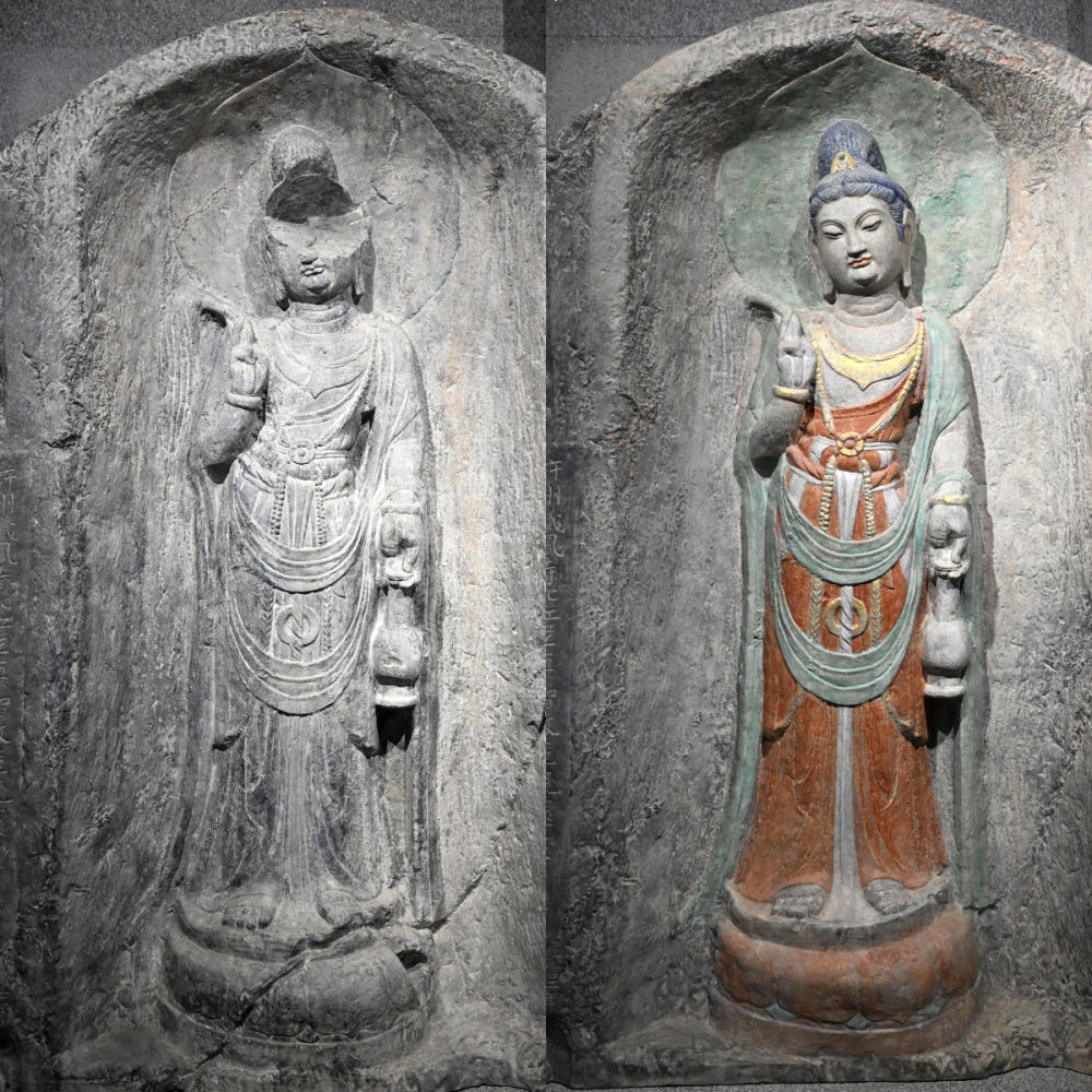左圖為龍門石窟萬佛洞窟前南壁菩薩造像的3D打印模型；右圖為利用數(shù)字化技術(shù)復(fù)原后的3D打印模型（2025年4月10日攝，拼版照片）。復(fù)原后的像龕精妙絕倫，栩栩如生，被游客譽(yù)為“龍門最美菩薩”。圖片來源新華社