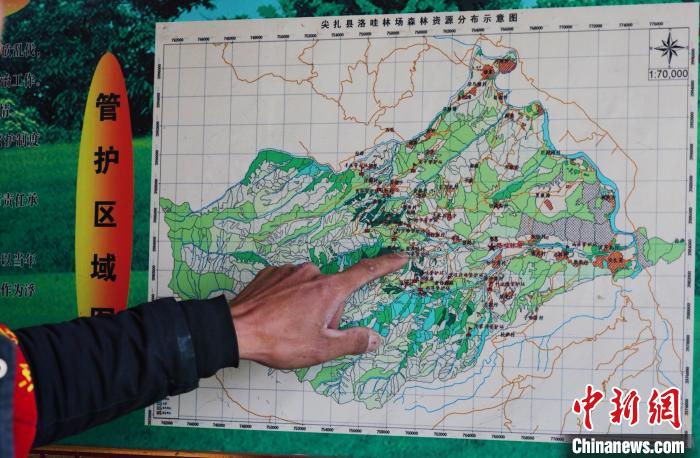 圖為桑杰加介紹管護區(qū)域分布?！●R銘言 攝