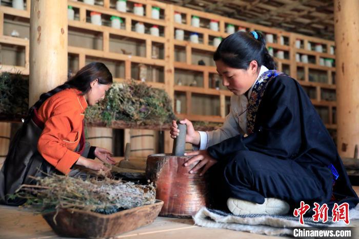 藥材搗碎。　王磊 攝