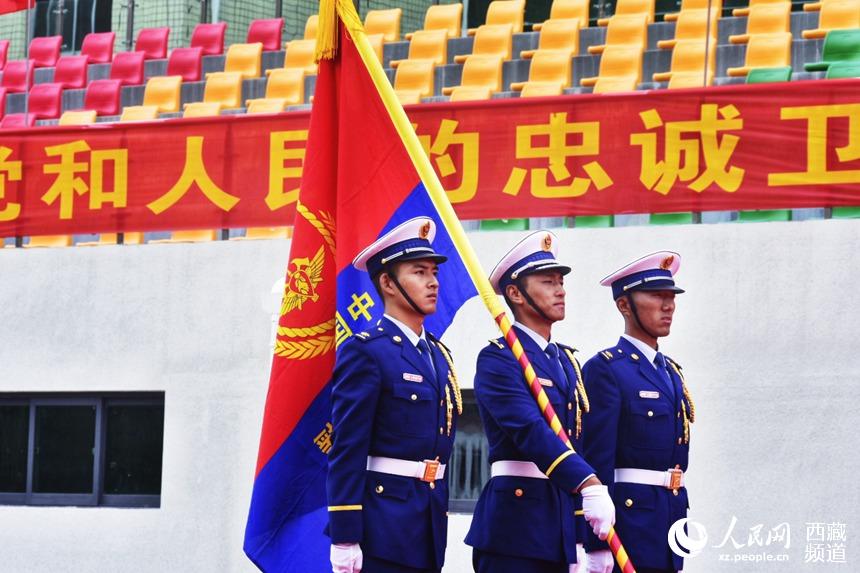 迎國家綜合性消防救援隊伍隊旗。人民網(wǎng) 李海霞 攝