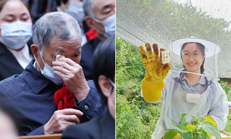 左圖為2021年2月25日，黃文秀的父親黃忠杰在全國脫貧攻堅(jiān)表彰大會(huì)上；右圖為黃文秀生前工作照。